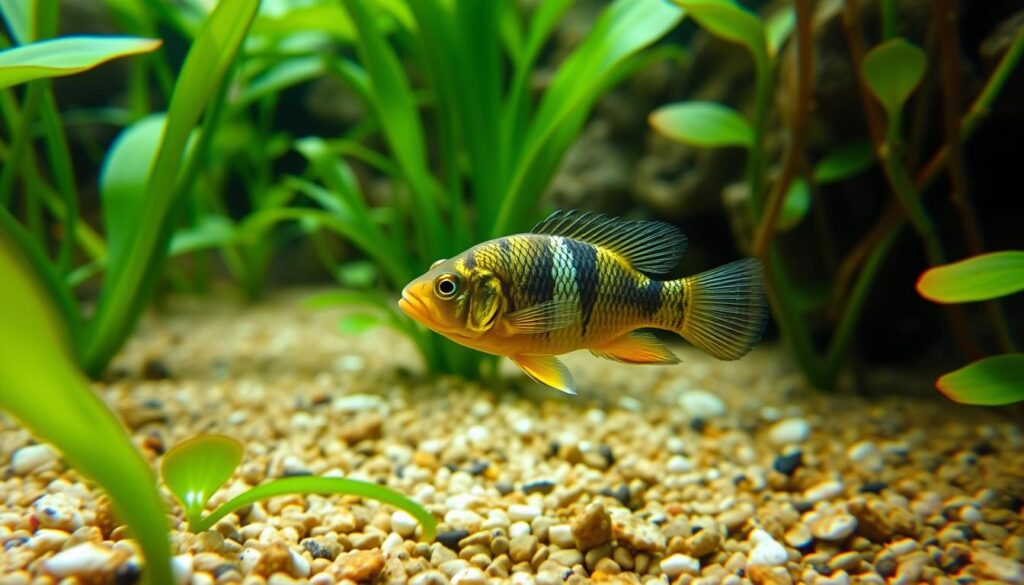 Agassiz Dwarf Cichlid swimming near the substrate of an aquarium, showcasing its vibrant yellow and black striped pattern amidst green aquatic plants.