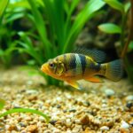 Agassiz Dwarf Cichlid swimming near the substrate of an aquarium, showcasing its vibrant yellow and black striped pattern amidst green aquatic plants.