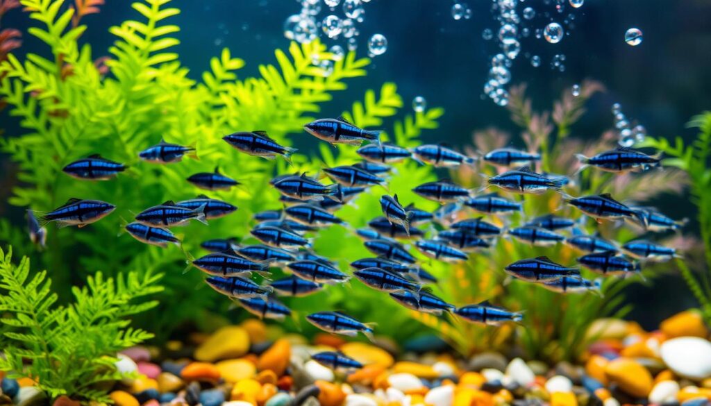 A vibrant school of Black Neon Tetras swimming elegantly among lush green aquarium plants and colorful gravel, showcasing their distinctive blue and black stripes.