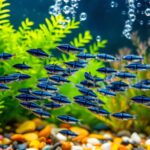 A vibrant school of Black Neon Tetras swimming elegantly among lush green aquarium plants and colorful gravel, showcasing their distinctive blue and black stripes.