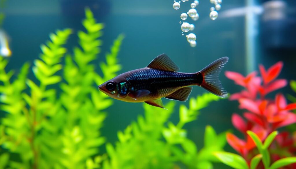 Black Phantom Tetra swimming gracefully in a vibrant aquarium with lush green and red plants, showcasing its unique dark body and shimmering scales.