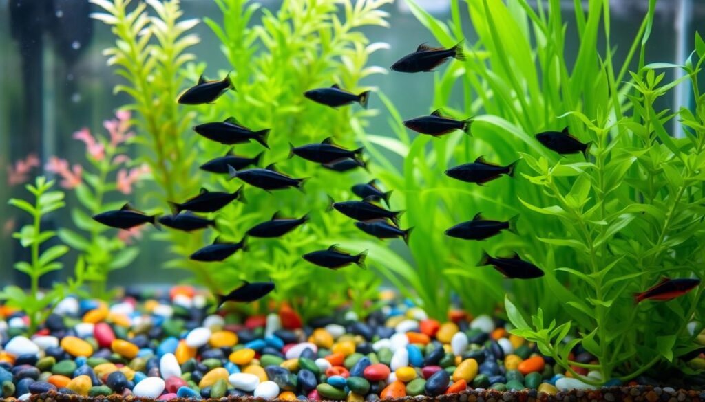 Black neon tetras in community aquarium