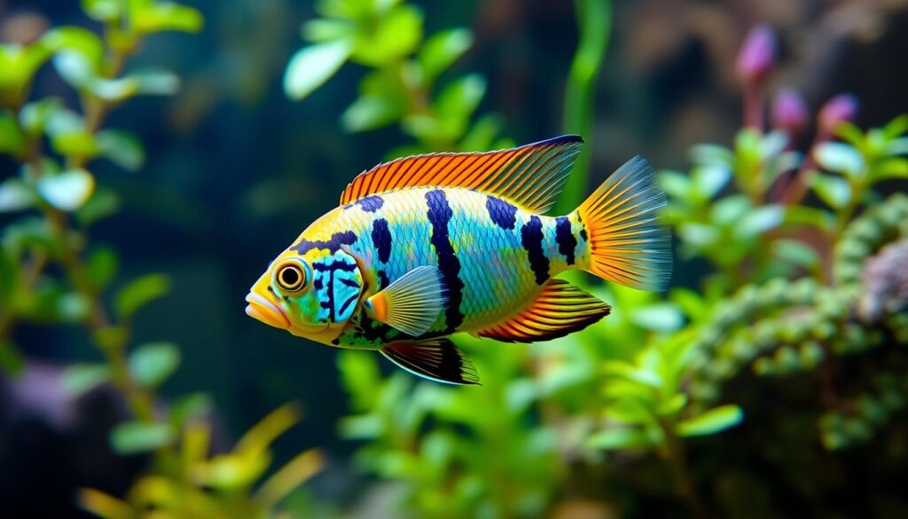 Vibrant Cockatoo Dwarf Cichlid swimming in a lush aquarium, showcasing its striking blue, yellow, and orange striped body against a backdrop of green aquatic plants.