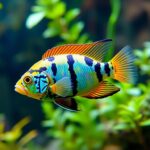 Vibrant Cockatoo Dwarf Cichlid swimming in a lush aquarium, showcasing its striking blue, yellow, and orange striped body against a backdrop of green aquatic plants.