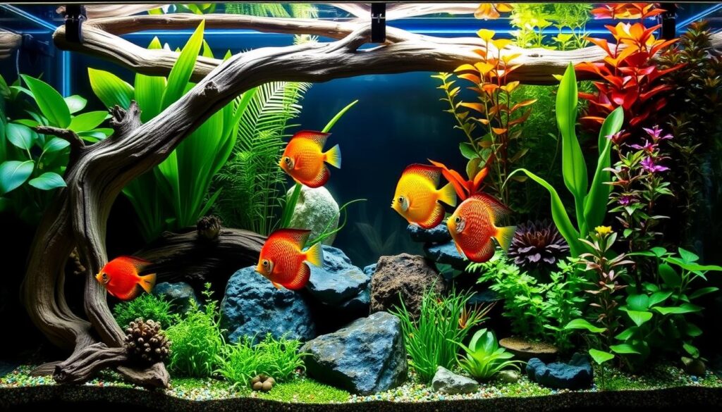 Vibrant Discus Aquascape featuring bright orange discus fish swimming among lush aquatic plants, twisted driftwood, and colorful rocks, creating a dynamic and visually appealing underwater habitat.