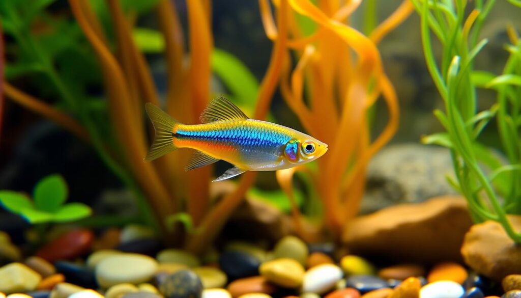 A colorful Ember Tetra fish swimming elegantly among vibrant aquatic plants, displaying its iridescent blue scales and orange tail in a beautifully arranged aquarium with a variety of smooth pebbles and rocks.