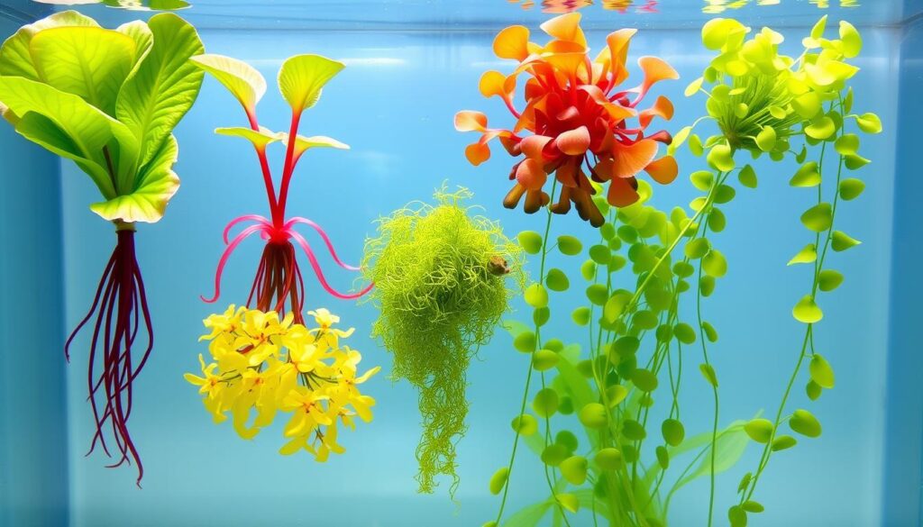 Bright and colorful floating aquarium plants in an underwater setting, displaying a variety of shapes and vivid hues that enhance the visual appeal of the tank.