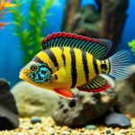 Vibrant Umbrella Cichlid swimming in a colorful freshwater aquarium, showcasing its striking yellow and black stripes with blue facial markings.