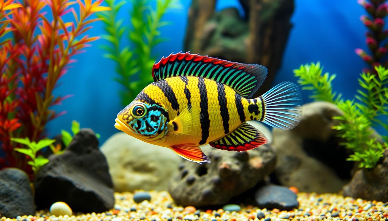 Vibrant Umbrella Cichlid swimming in a colorful freshwater aquarium, showcasing its striking yellow and black stripes with blue facial markings.