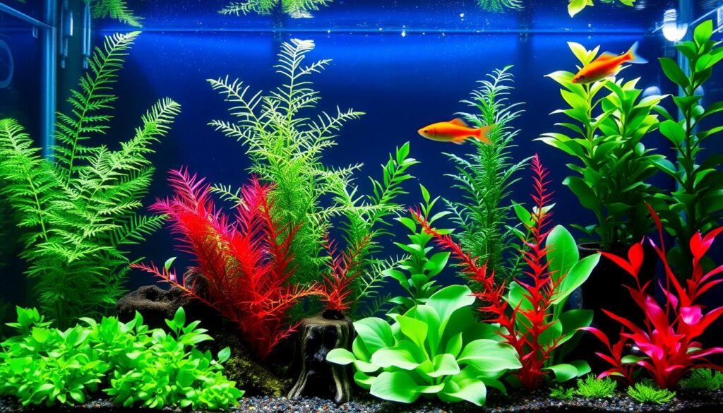 Aquarium filled with various vibrant and lush plants, providing a colorful and natural environment for swimming fish. The tank showcases a range of green, red, and yellow aquatic plants, enhancing the visual appeal and habitat for the fish.