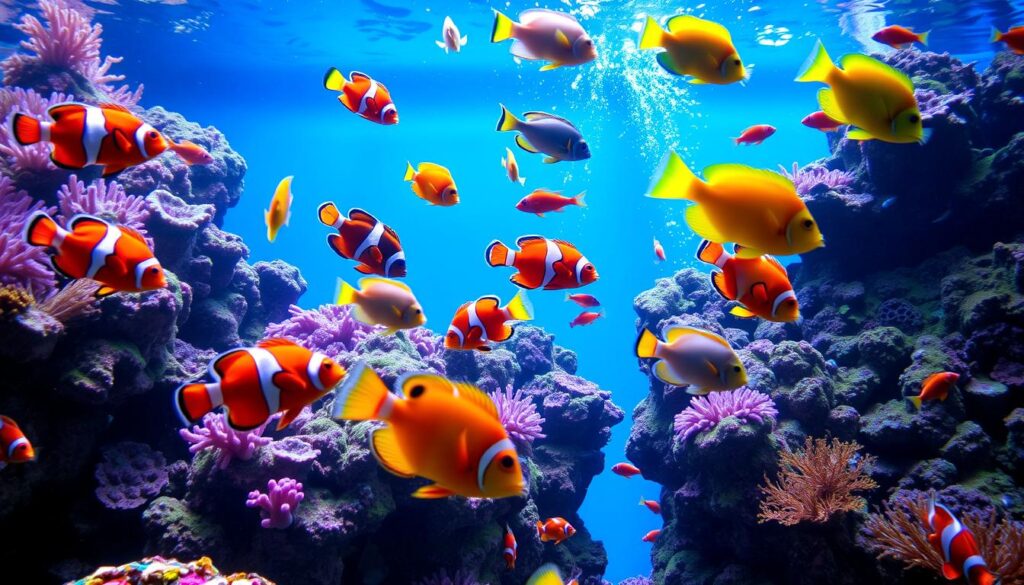 A vibrant saltwater aquarium filled with various colorful fish including clownfish and yellow tangs, swimming among coral reefs under bright lighting.