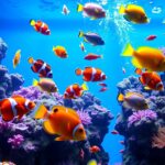 A vibrant saltwater aquarium filled with various colorful fish including clownfish and yellow tangs, swimming among coral reefs under bright lighting.