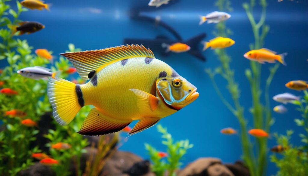 Ram cichlid with compatible fish in a community aquarium